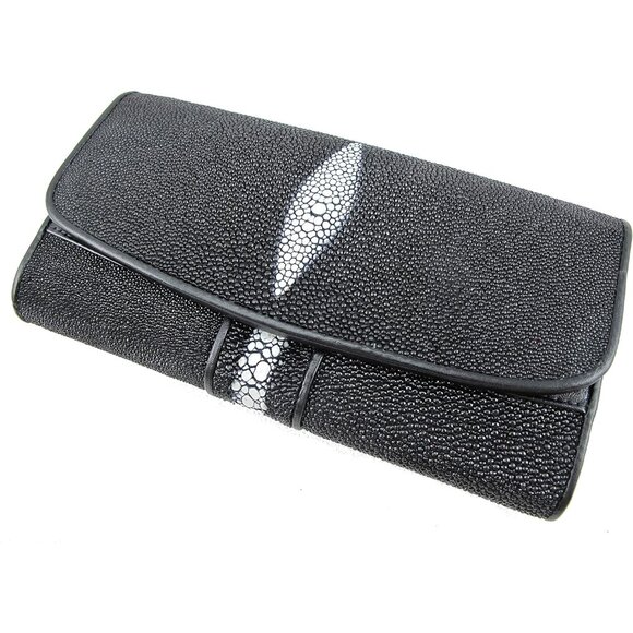 Genuine Stingray Skin Leather Women's Trifold Clutch Wallet Black - Picture 1 of 5